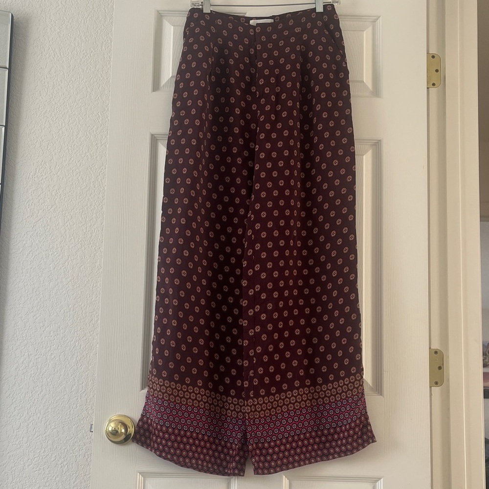 Wide Leg Printed Palazzo Pants - Burgundy with Pink Accents